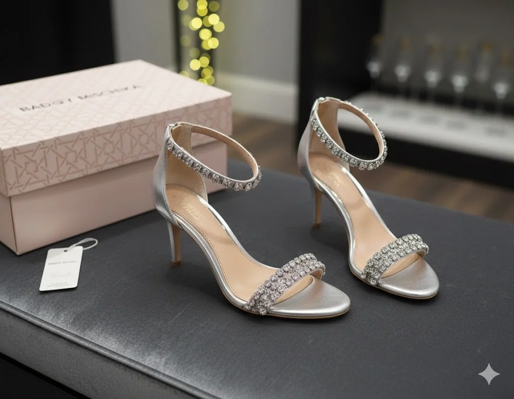 Badgley Mischka Darlene Simlet Ankle-Strap Evening Heels rhinestone NEW Silver